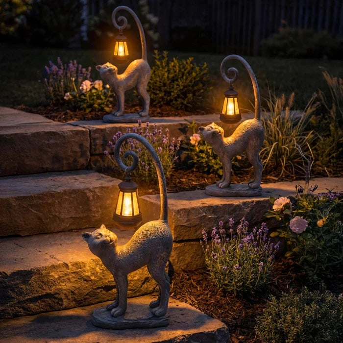 Solar Cat Garden Ornament – Weatherproof Lantern Figure for Beds and Front Steps