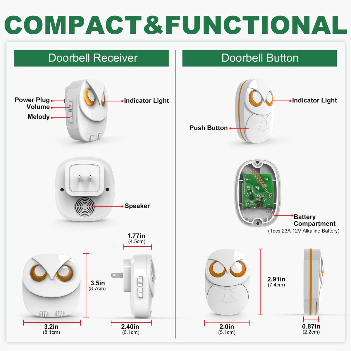 Wireless Owl Doorbell | Waterproof Long-Range Music Door Bell, Battery Powered (Black & White) 5