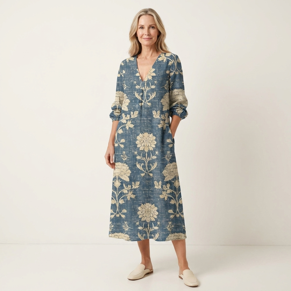 Blue Botanical Midi Dress | V-Neck, Long Sleeves & Relaxed Coastal Fit