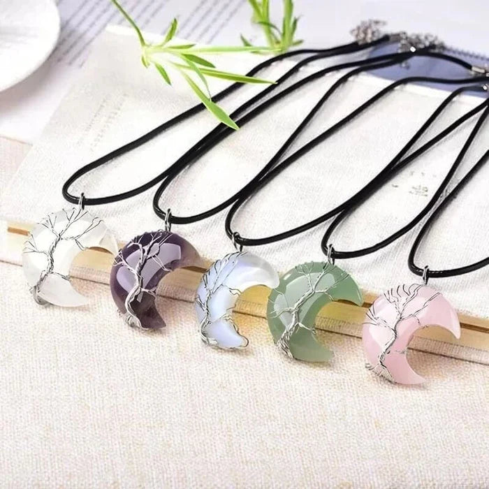 Tree of Life Pendant Necklace – Moon Design with Small Crystals in Five Choices